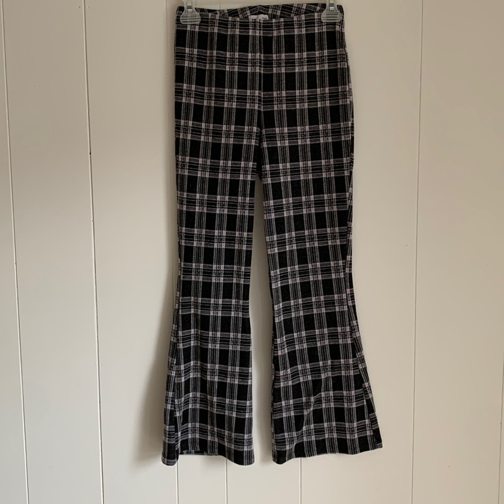 Size 3 black, white, and purple plaid flare pants.
